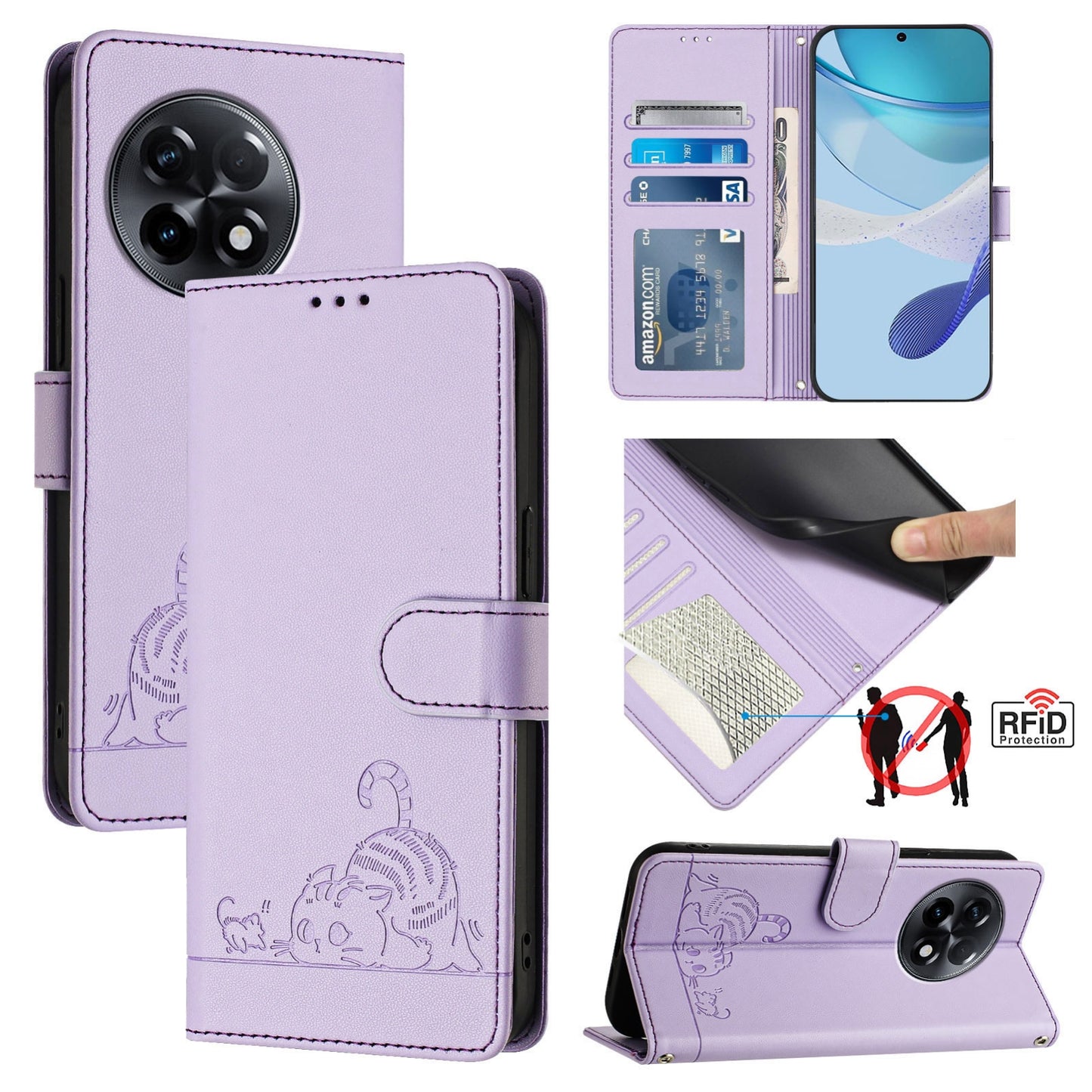 OnePlus 11R 5G Global Leather Phone Case with Cat and Rat Embossed Pattern, RFID Protection, Card Holder Slots, Anti-fall Feature & Lanyard