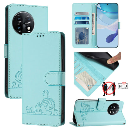 OnePlus 11 Leather Phone Case with Cat and Rat Embossed Pattern, RFID Protection, Card Holder Slots, Anti-fall Feature & Lanyard
