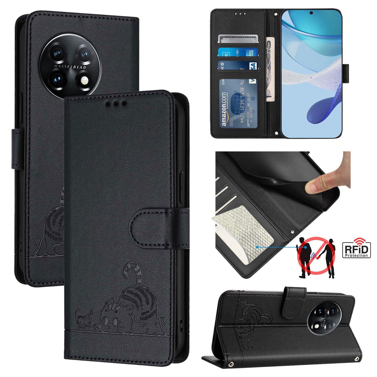 OnePlus 11 Leather Phone Case with Cat and Rat Embossed Pattern, RFID Protection, Card Holder Slots, Anti-fall Feature & Lanyard