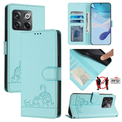 OnePlus Ace Pro 5G Leather Phone Case with Cat and Rat Embossed Pattern, RFID Protection, Card Holder Slots, Anti-fall Feature & Lanyard