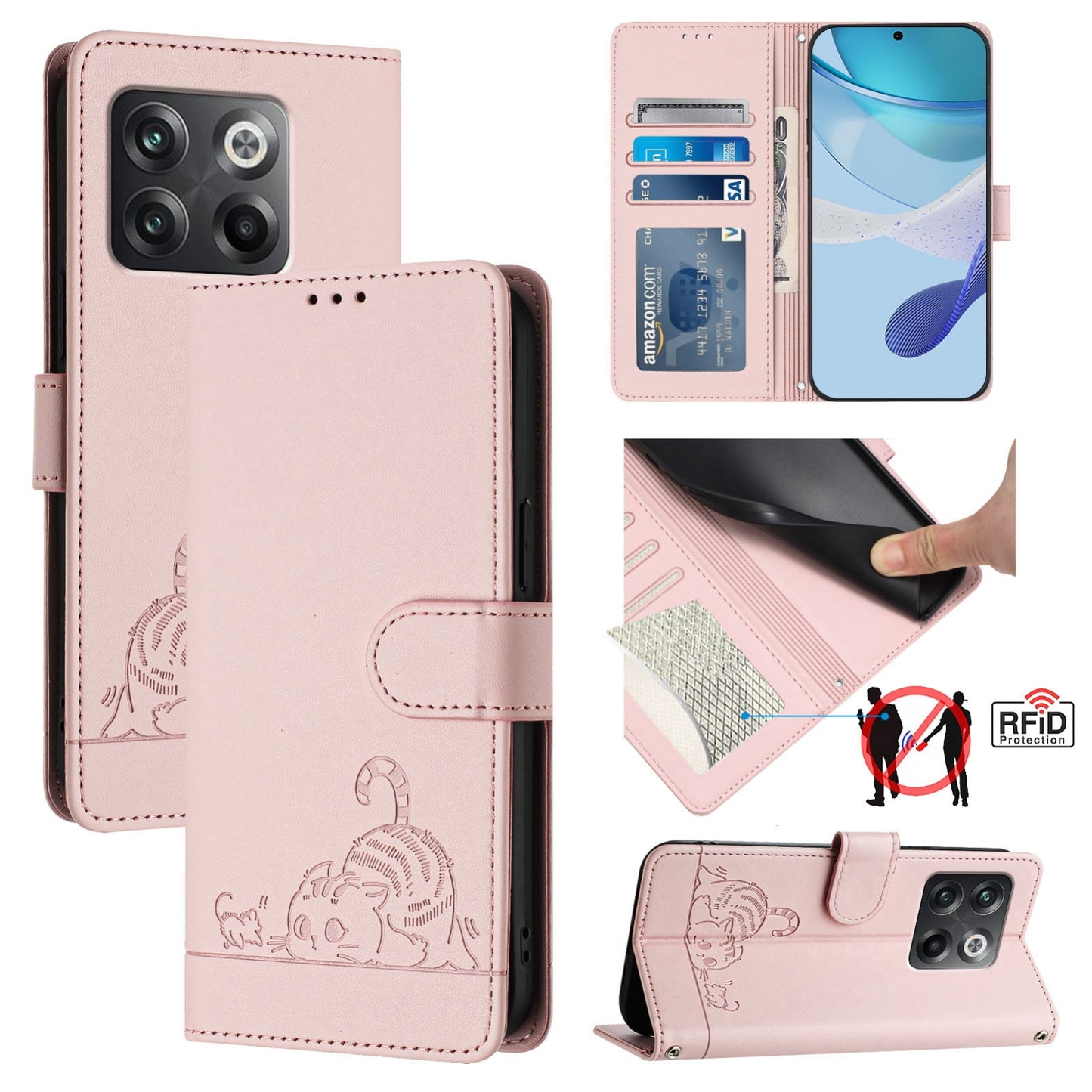 OnePlus Ace Pro 5G Leather Phone Case with Cat and Rat Embossed Pattern, RFID Protection, Card Holder Slots, Anti-fall Feature & Lanyard