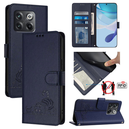 OnePlus Ace Pro 5G Leather Phone Case with Cat and Rat Embossed Pattern, RFID Protection, Card Holder Slots, Anti-fall Feature & Lanyard