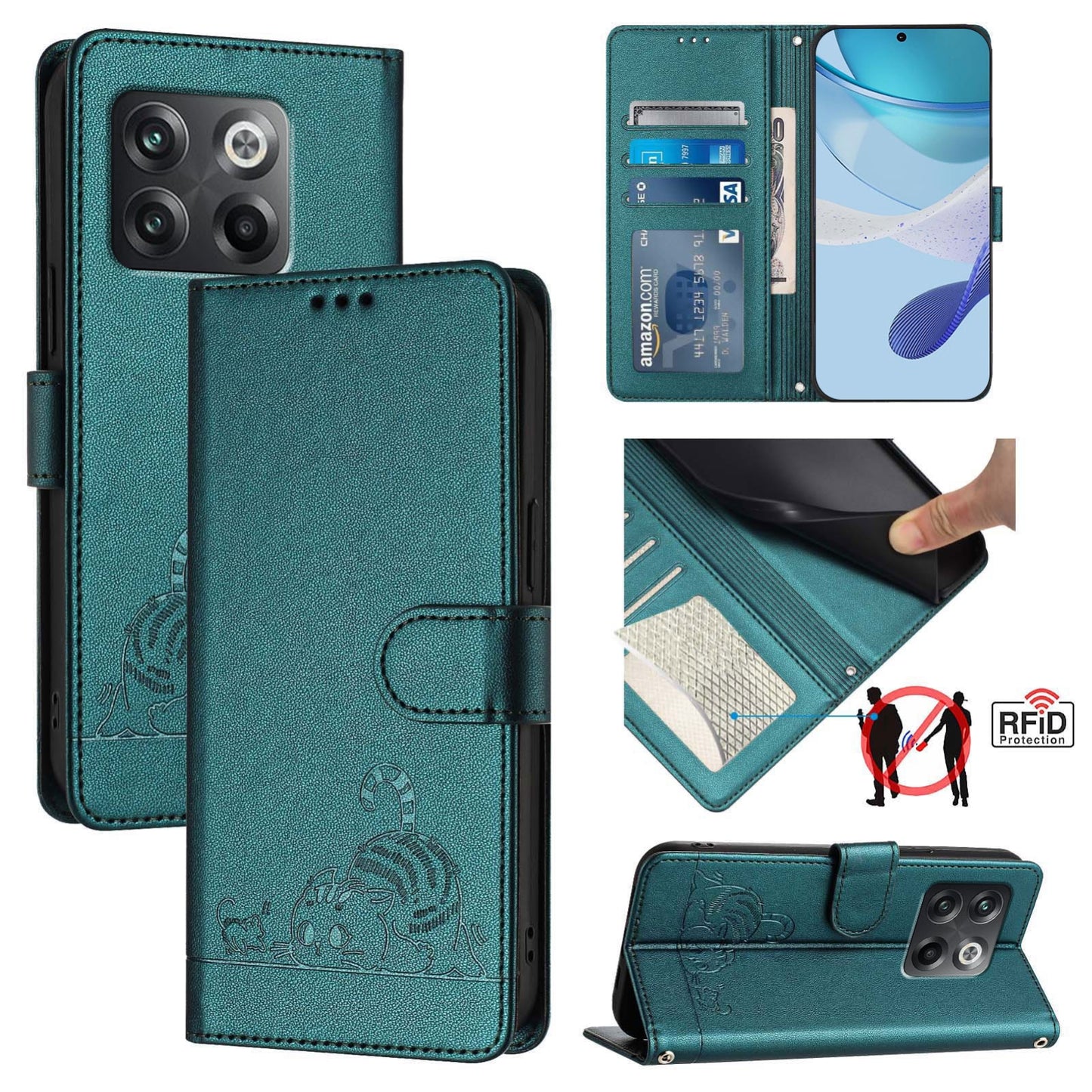 OnePlus 10T 5G Global Leather Phone Case with Cat and Rat Embossed Pattern, RFID Protection, Card Holder Slots, Anti-fall Feature & Lanyard