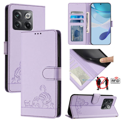 OnePlus 10T 5G Global Leather Phone Case with Cat and Rat Embossed Pattern, RFID Protection, Card Holder Slots, Anti-fall Feature & Lanyard