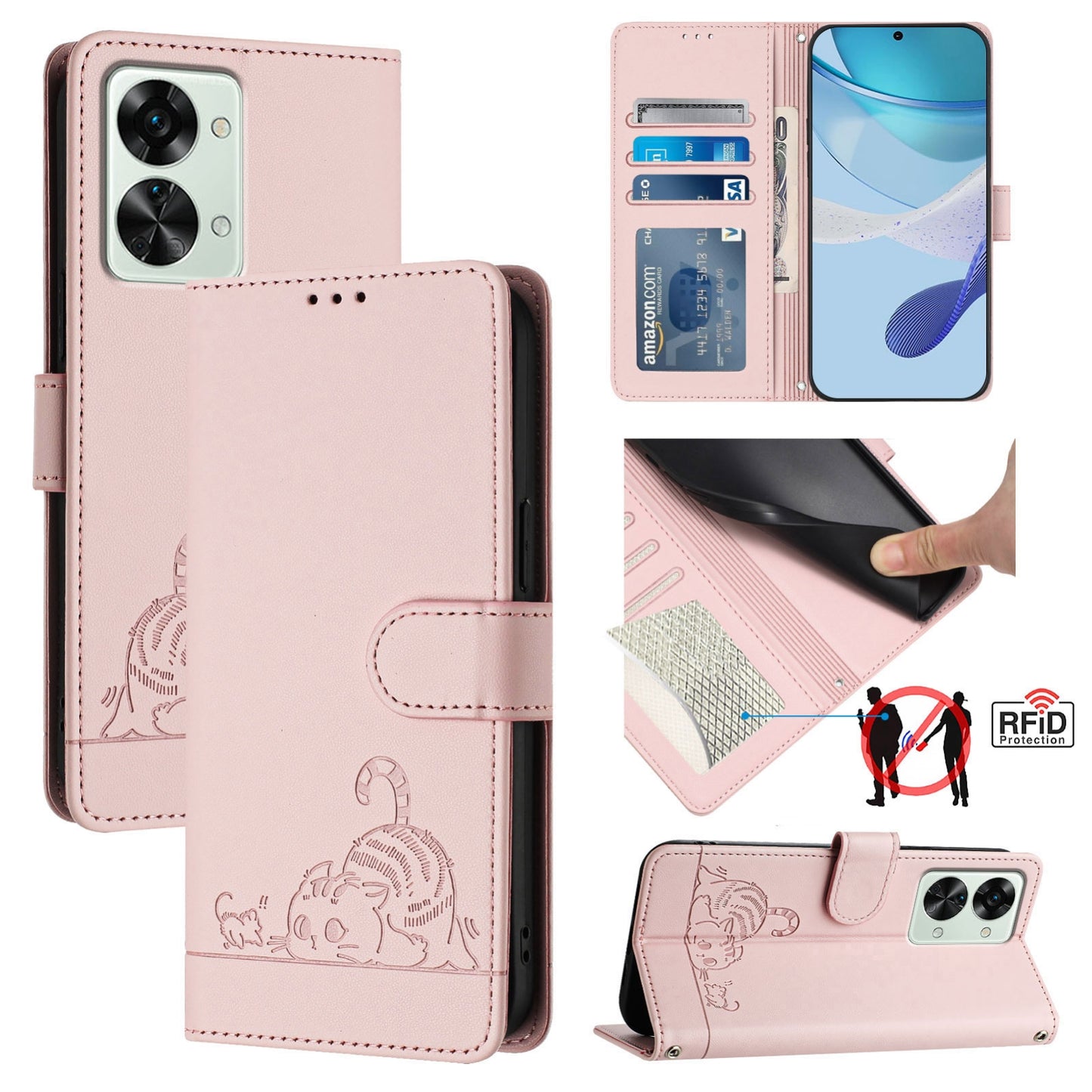 OnePlus Nord 2T Leather Phone Case with Cat and Rat Embossed Pattern, RFID Protection, Card Holder Slots, Anti-fall Feature & Lanyard