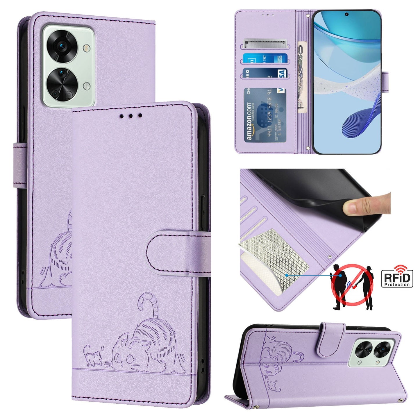 OnePlus Nord 2T Leather Phone Case with Cat and Rat Embossed Pattern, RFID Protection, Card Holder Slots, Anti-fall Feature & Lanyard