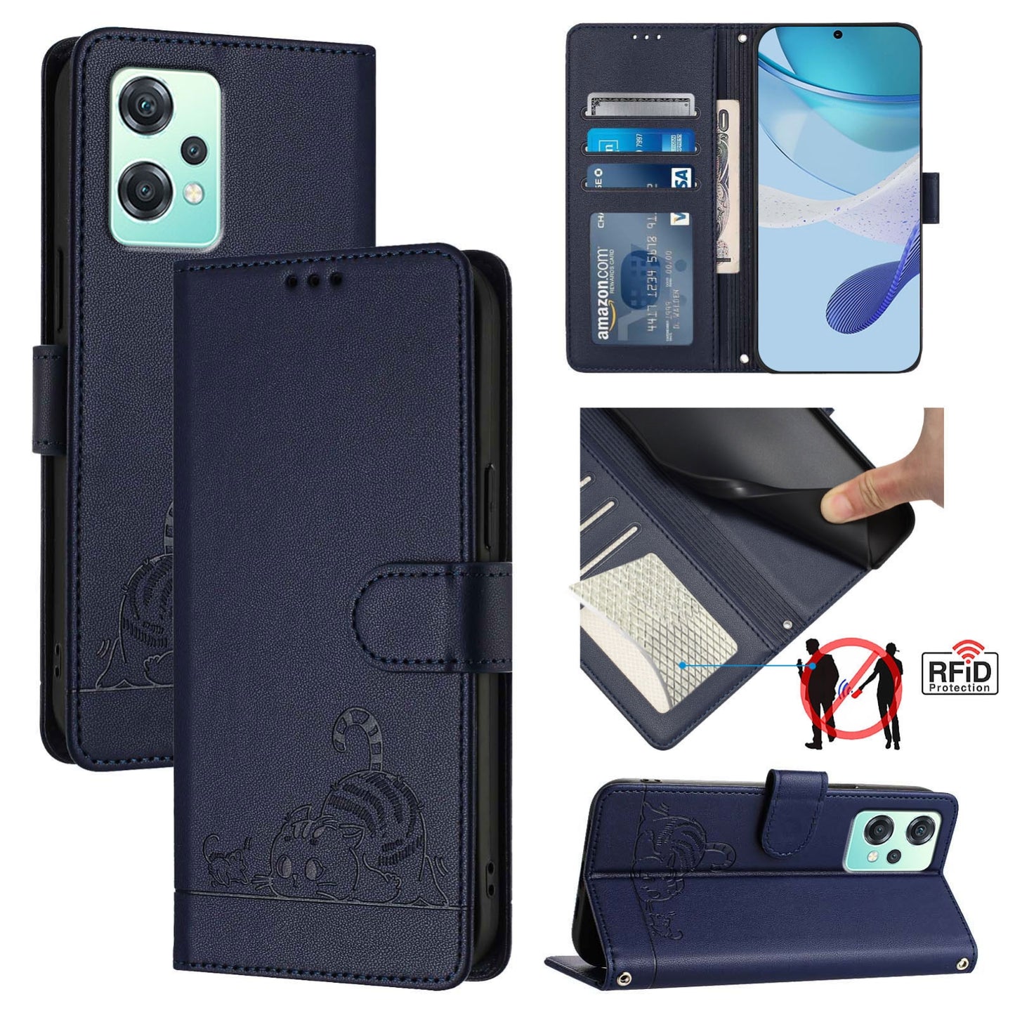 OnePlus Nord CE 2 Lite Leather Phone Case with Cat and Rat Embossed Pattern, RFID Protection, Card Holder Slots, Anti-fall Feature & Lanyard
