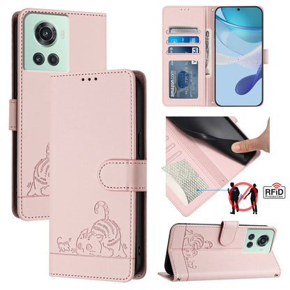 OnePlus 10R Prime Leather Phone Case with Cat and Rat Embossed Pattern, RFID Protection, Card Holder Slots, Anti-fall Feature & Lanyard