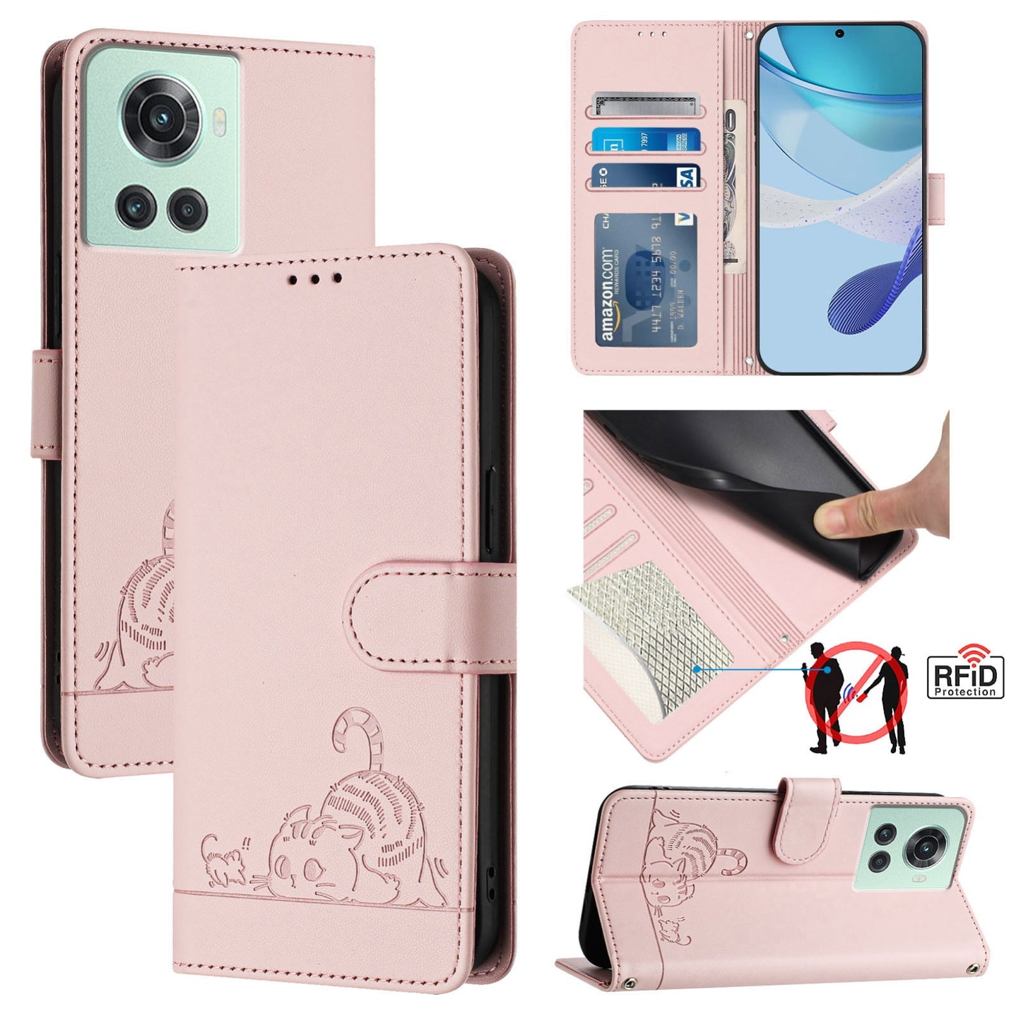 OnePlus 10R Leather Phone Case with Cat and Rat Embossed Pattern, RFID Protection, Card Holder Slots, Anti-fall Feature & Lanyard