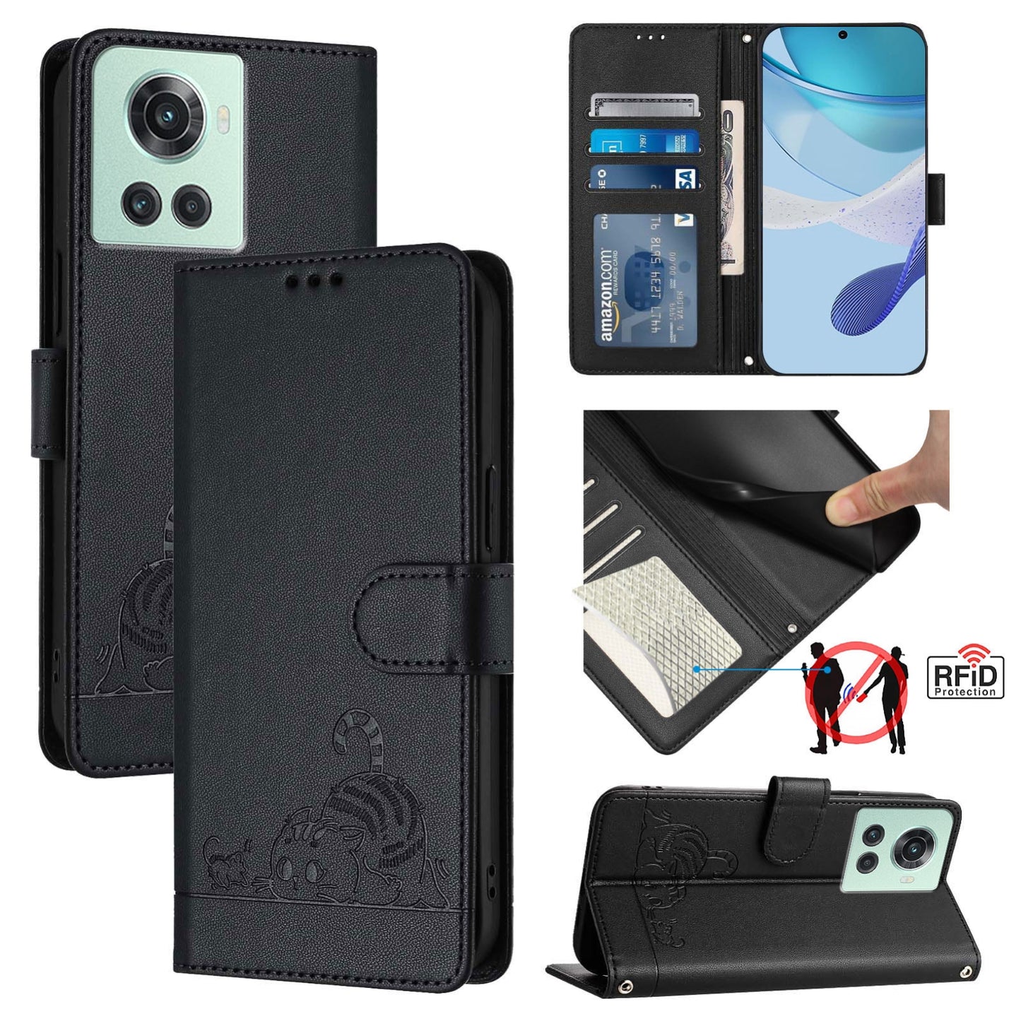 OnePlus 10R Leather Phone Case with Cat and Rat Embossed Pattern, RFID Protection, Card Holder Slots, Anti-fall Feature & Lanyard
