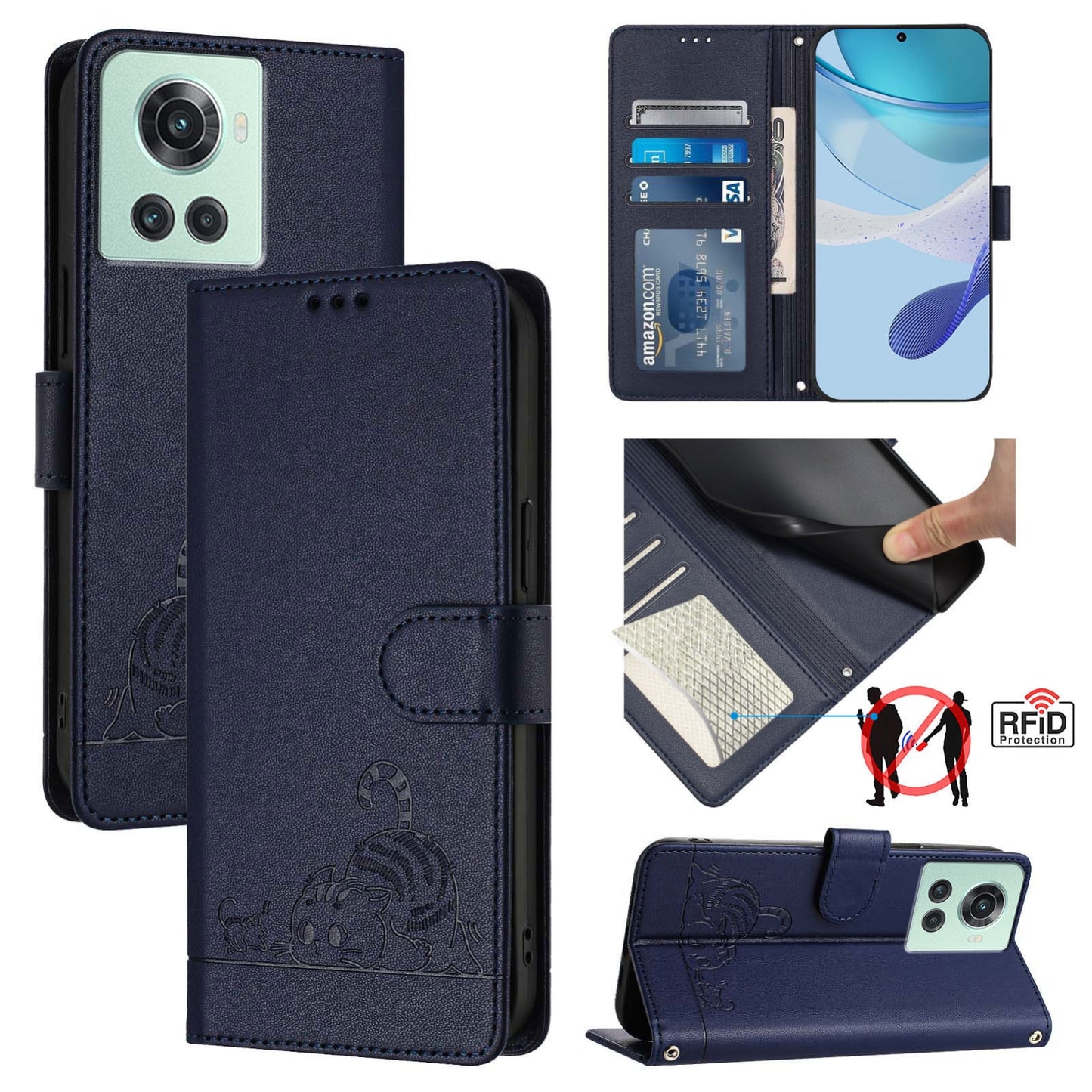 OnePlus 10R Leather Phone Case with Cat and Rat Embossed Pattern, RFID Protection, Card Holder Slots, Anti-fall Feature & Lanyard