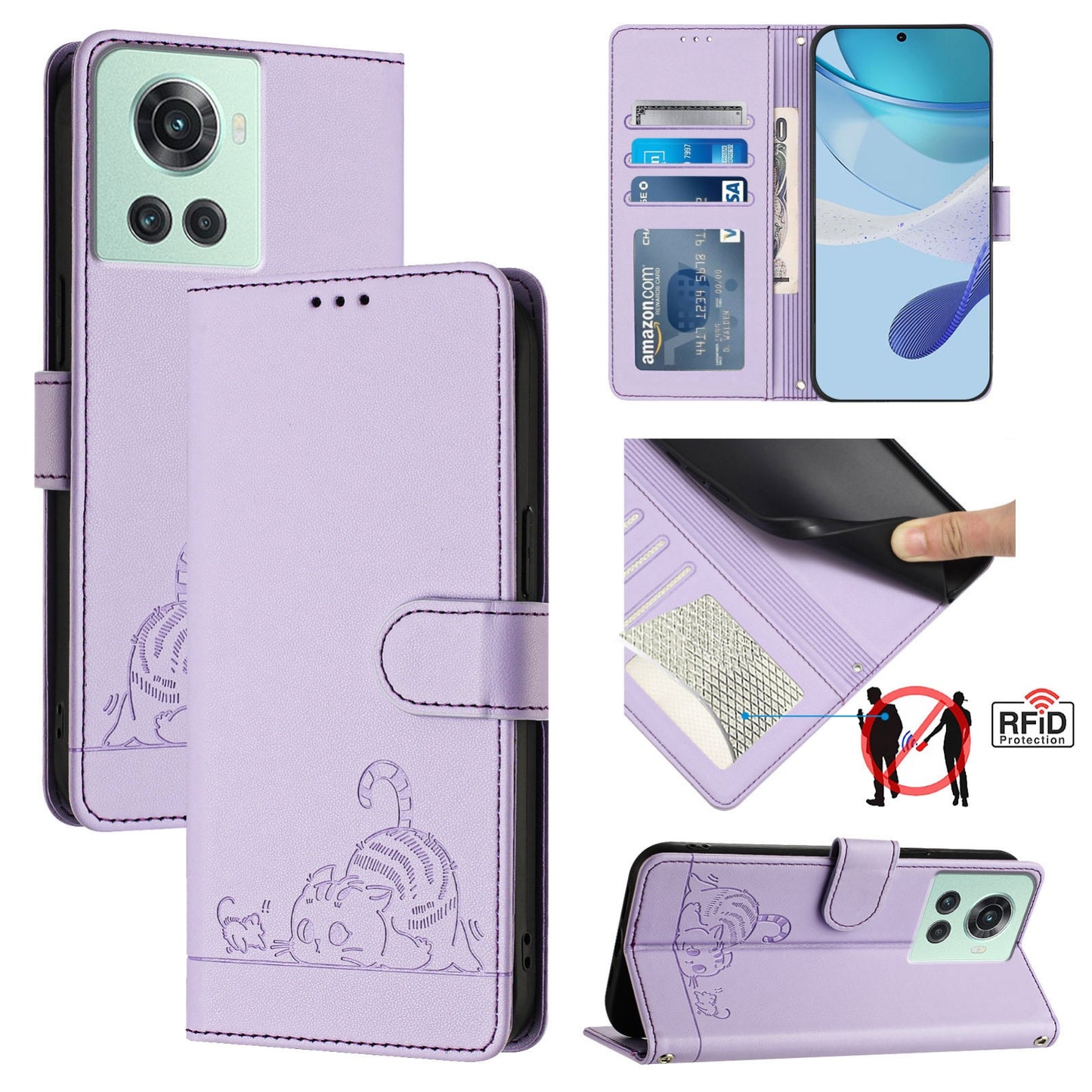 OnePlus 10R Prime Leather Phone Case with Cat and Rat Embossed Pattern, RFID Protection, Card Holder Slots, Anti-fall Feature & Lanyard