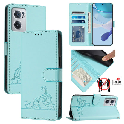 OnePlus Nord CE 2 5G Leather Phone Case with Cat and Rat Embossed Pattern, RFID Protection, Card Holder Slots, Anti-fall Feature & Lanyard