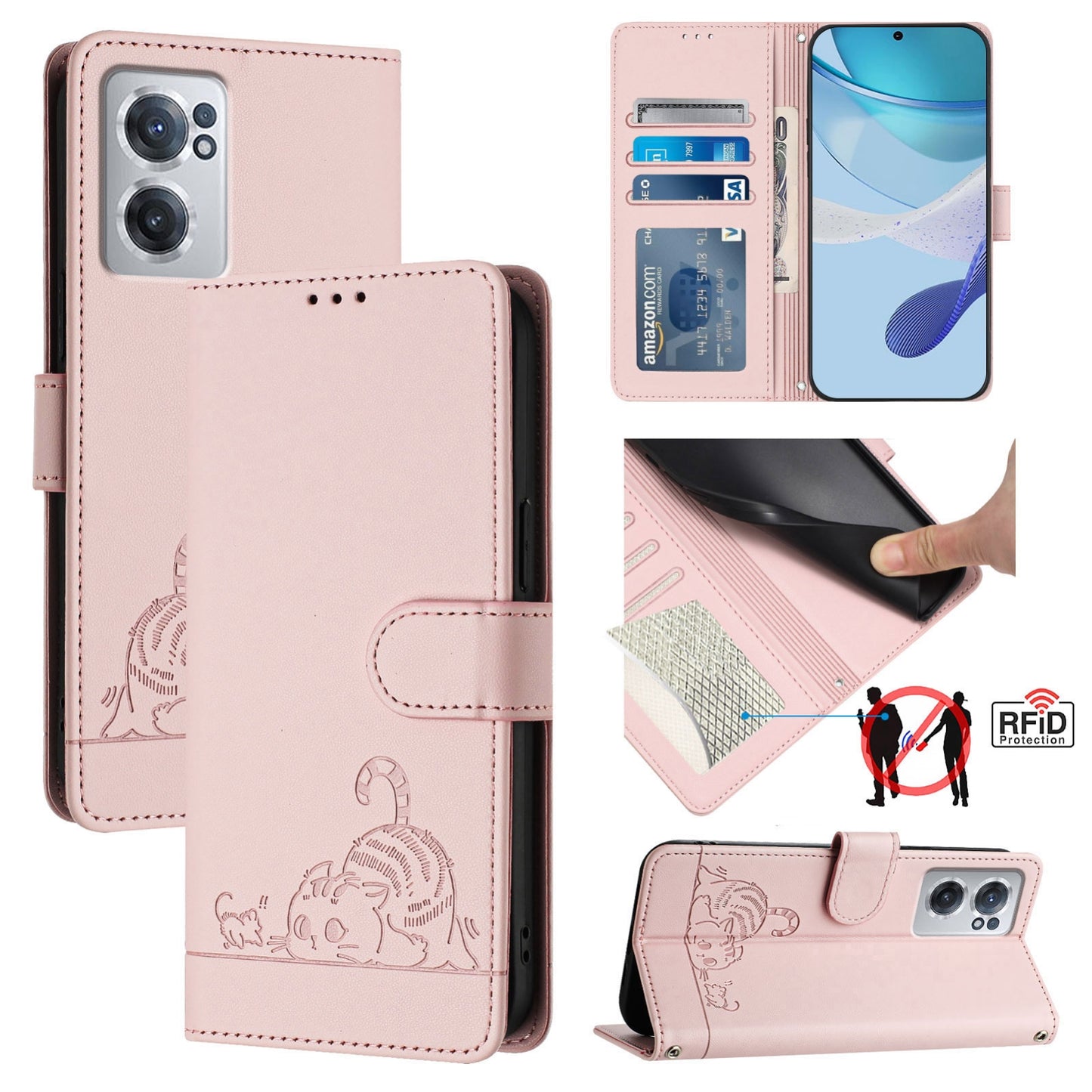 OnePlus Nord CE 2 5G Leather Phone Case with Cat and Rat Embossed Pattern, RFID Protection, Card Holder Slots, Anti-fall Feature & Lanyard