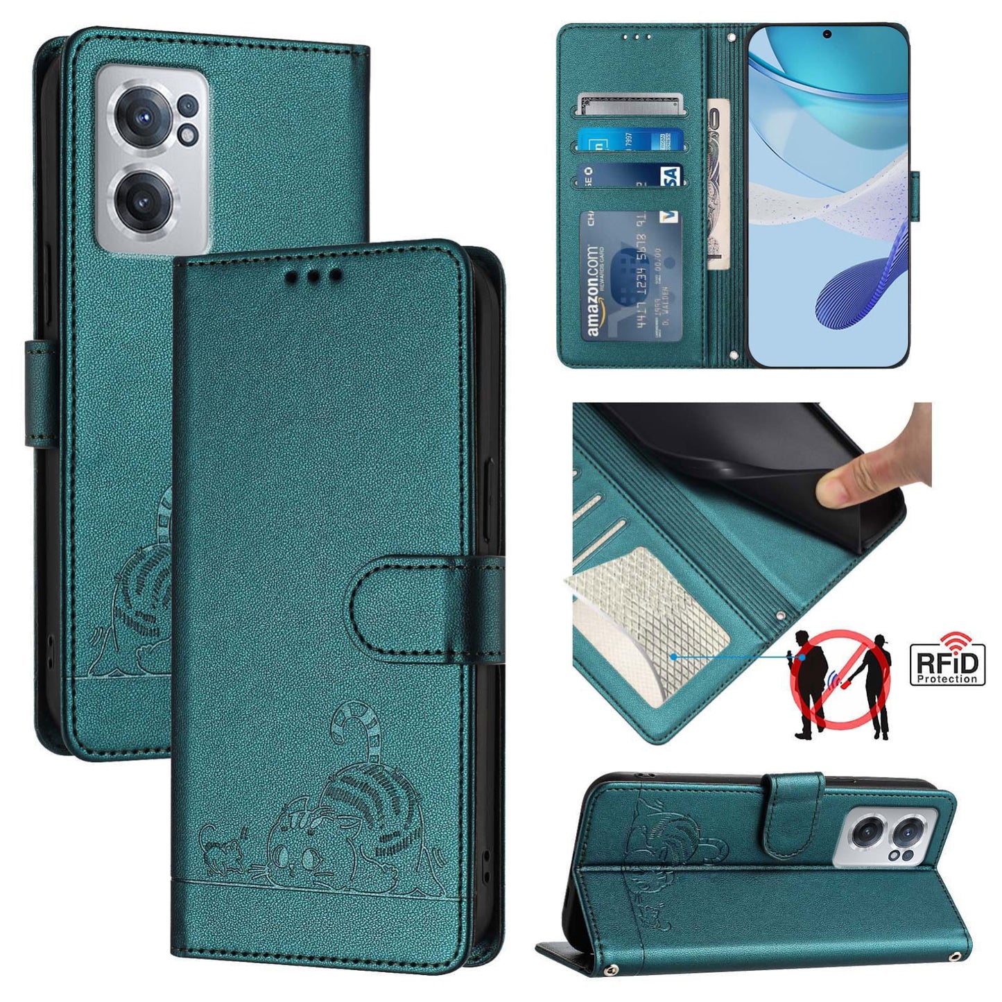 OnePlus Nord CE 2 5G Leather Phone Case with Cat and Rat Embossed Pattern, RFID Protection, Card Holder Slots, Anti-fall Feature & Lanyard