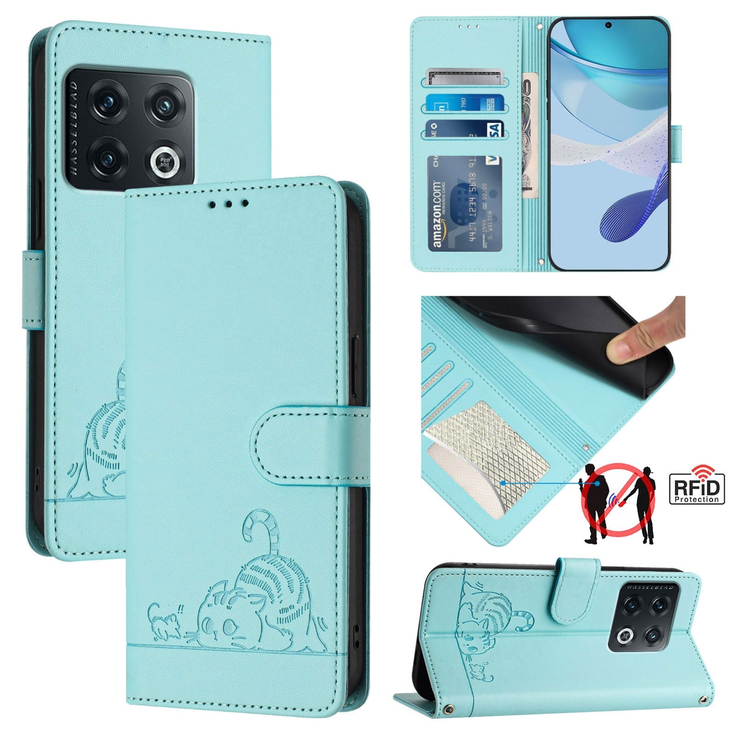 OnePlus 10 Pro 5G Leather Phone Case with Cat and Rat Embossed Pattern, RFID Protection, Card Holder Slots, Anti-fall Feature & Lanyard