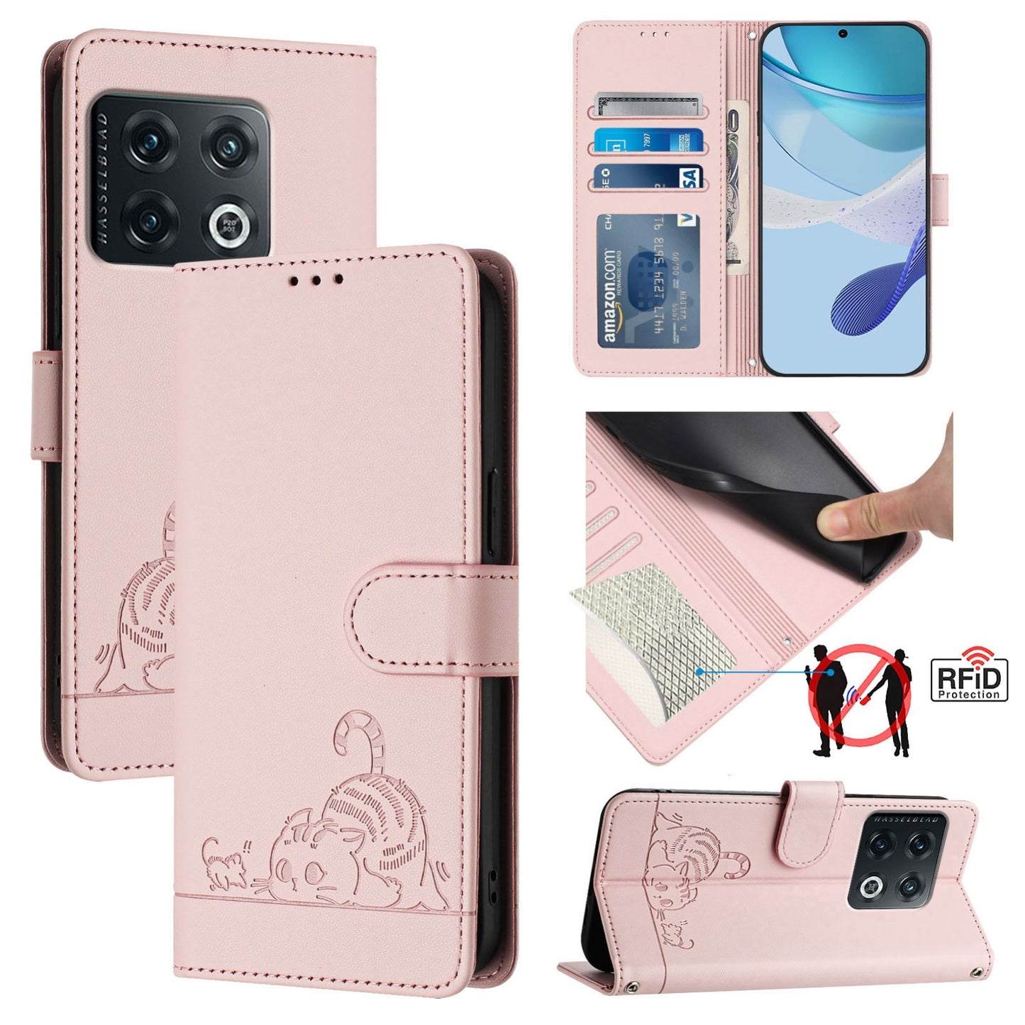 OnePlus 10 Pro 5G Leather Phone Case with Cat and Rat Embossed Pattern, RFID Protection, Card Holder Slots, Anti-fall Feature & Lanyard