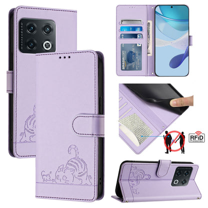 OnePlus 10 Pro 5G Leather Phone Case with Cat and Rat Embossed Pattern, RFID Protection, Card Holder Slots, Anti-fall Feature & Lanyard