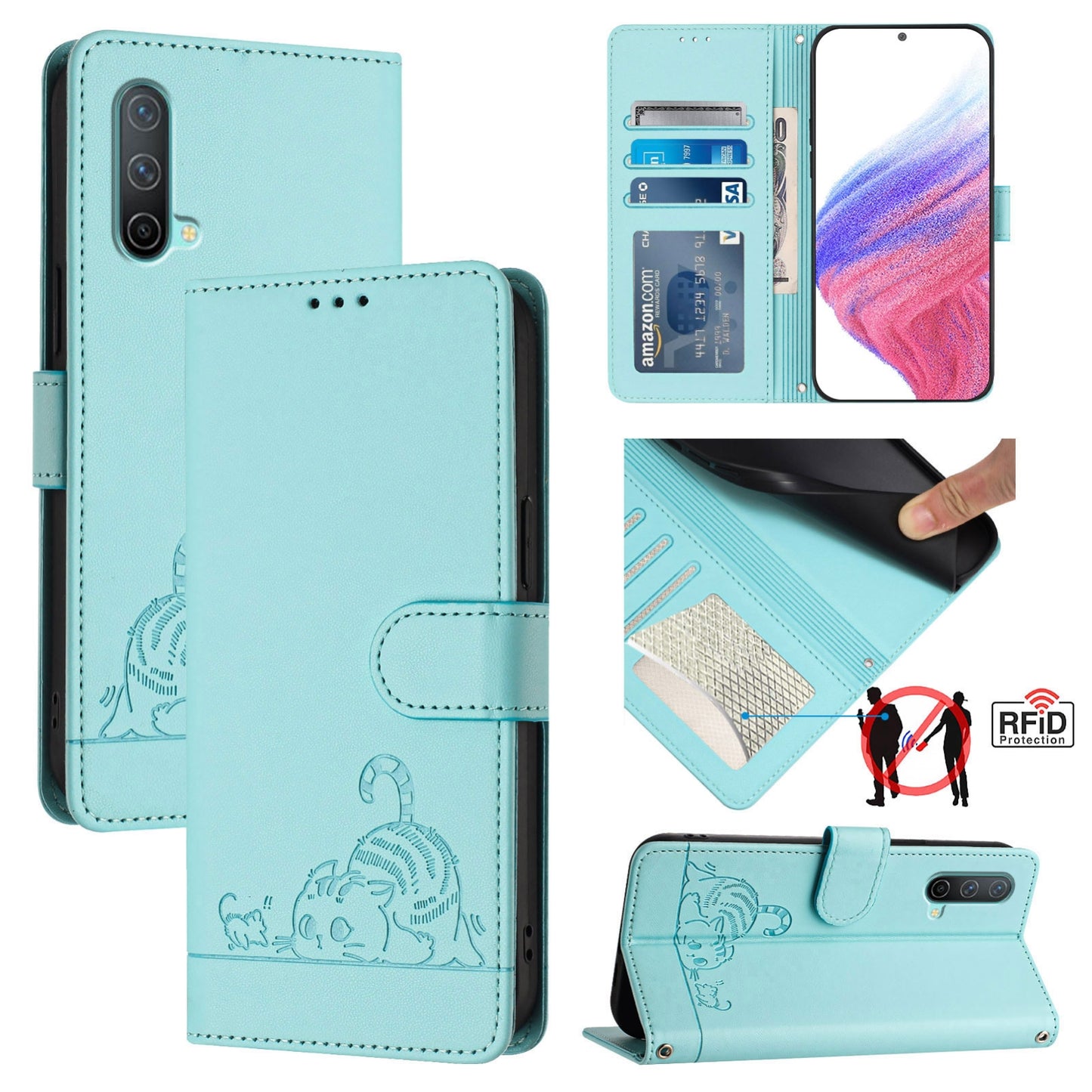 OnePlus Nord CE 5G Leather Phone Case with Cat and Rat Embossed Pattern, RFID Protection, Card Holder Slots, Anti-fall Feature & Lanyard