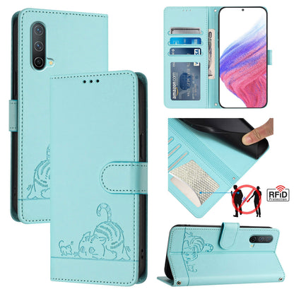 OnePlus Nord CE 5G Leather Phone Case with Cat and Rat Embossed Pattern, RFID Protection, Card Holder Slots, Anti-fall Feature & Lanyard