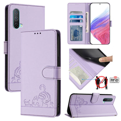 OnePlus Nord CE 5G Leather Phone Case with Cat and Rat Embossed Pattern, RFID Protection, Card Holder Slots, Anti-fall Feature & Lanyard