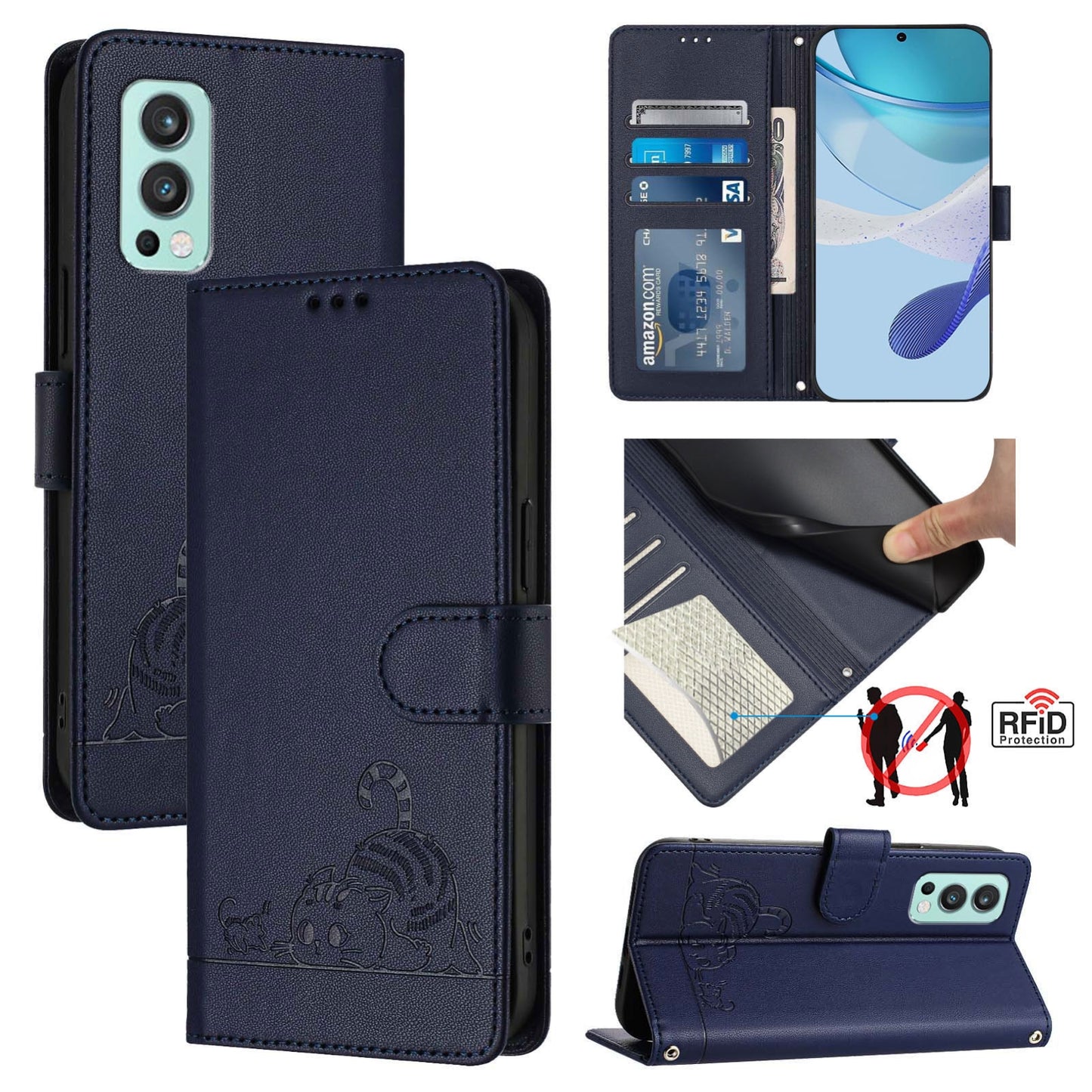 OnePlus Nord 2 Leather Phone Case with Cat and Rat Embossed Pattern, RFID Protection, Card Holder Slots, Anti-fall Feature & Lanyard