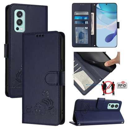 OnePlus Nord 2 Leather Phone Case with Cat and Rat Embossed Pattern, RFID Protection, Card Holder Slots, Anti-fall Feature & Lanyard