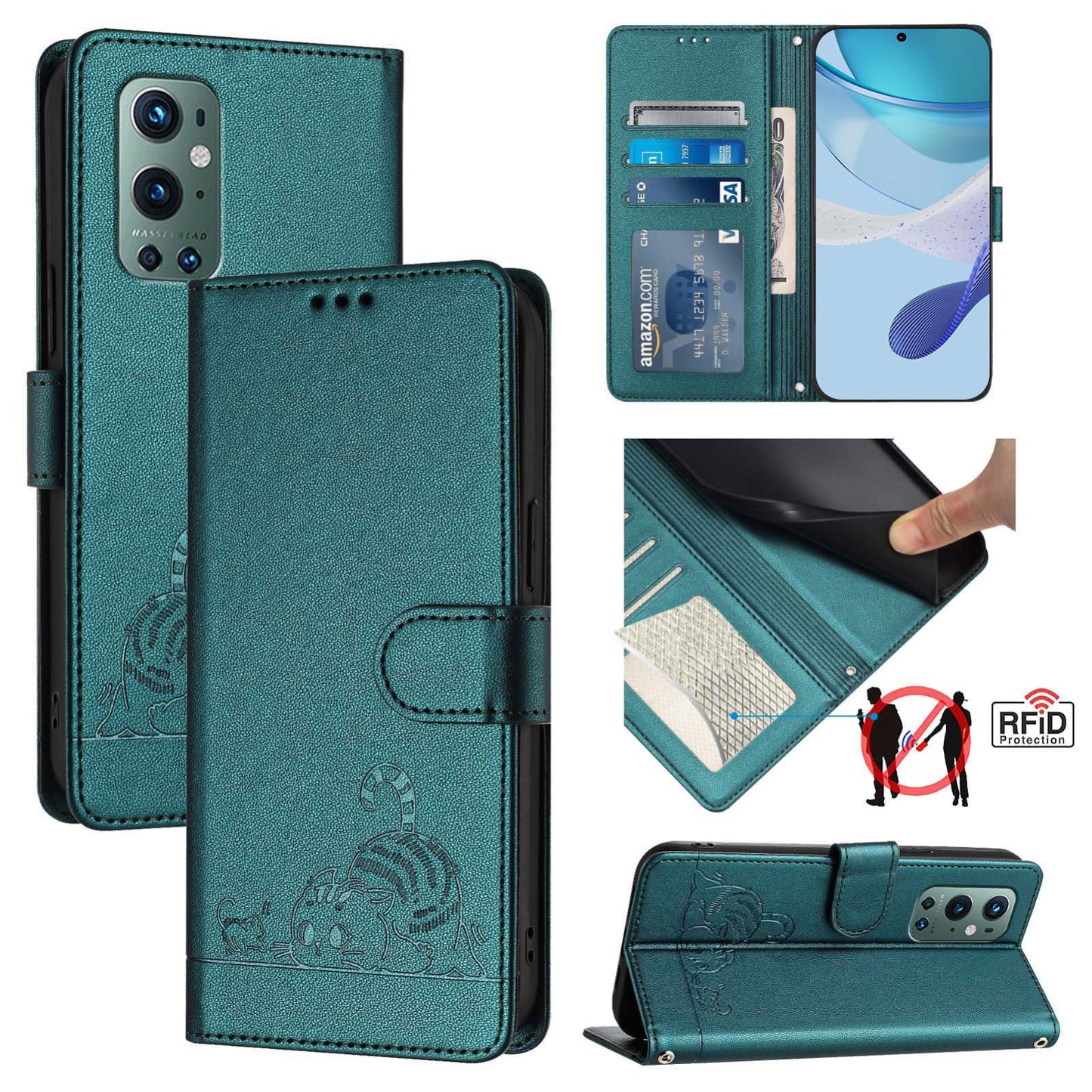 OnePlus 9 Pro Leather Phone Case with Cat and Rat Embossed Pattern, RFID Protection, Card Holder Slots, Anti-fall Feature & Lanyard