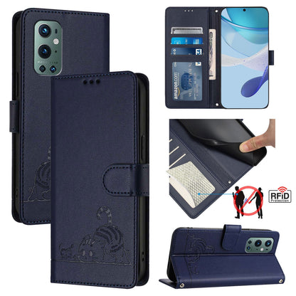 OnePlus 9 Pro Leather Phone Case with Cat and Rat Embossed Pattern, RFID Protection, Card Holder Slots, Anti-fall Feature & Lanyard