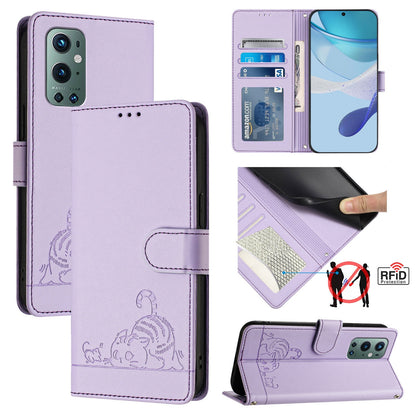 OnePlus 9 Pro Leather Phone Case with Cat and Rat Embossed Pattern, RFID Protection, Card Holder Slots, Anti-fall Feature & Lanyard