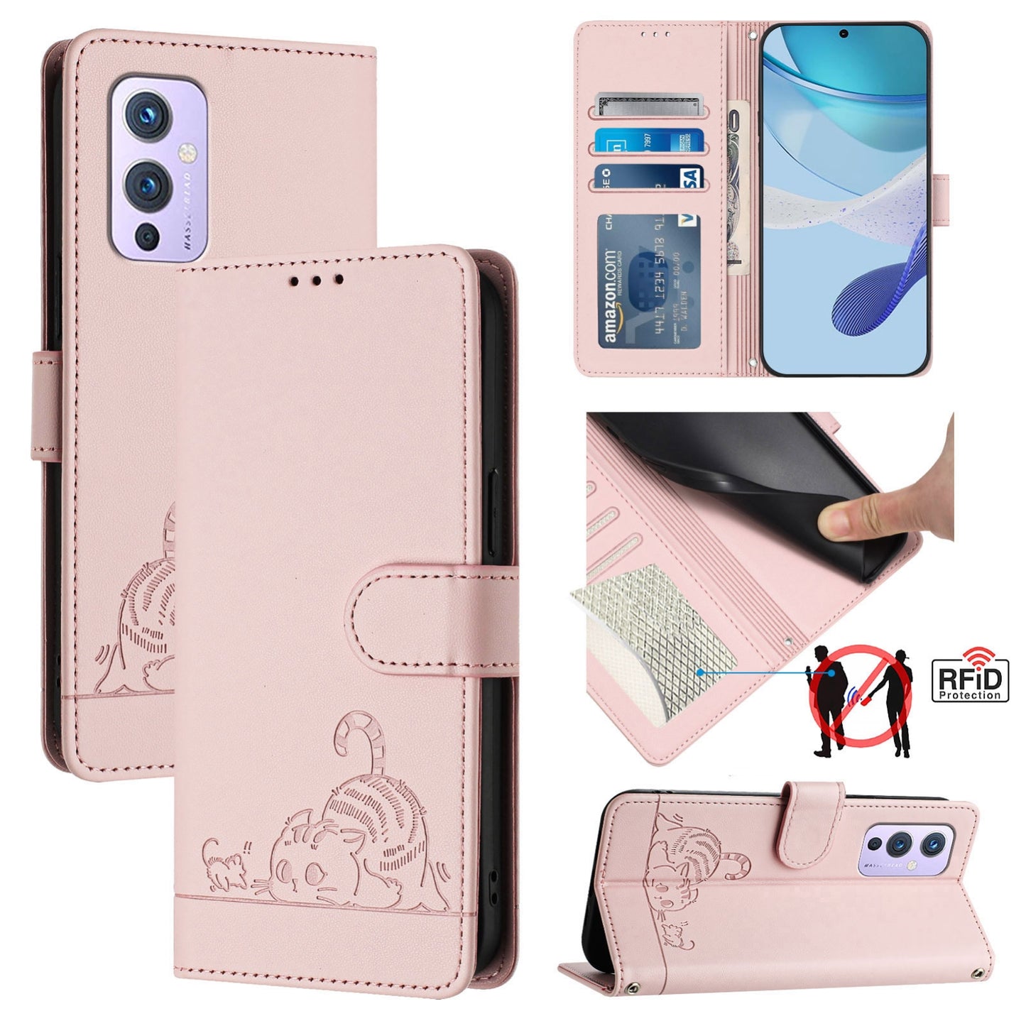 OnePlus 9 Leather Phone Case with Cat and Rat Embossed Pattern, RFID Protection, Card Holder Slots, Anti-fall Feature & Lanyard