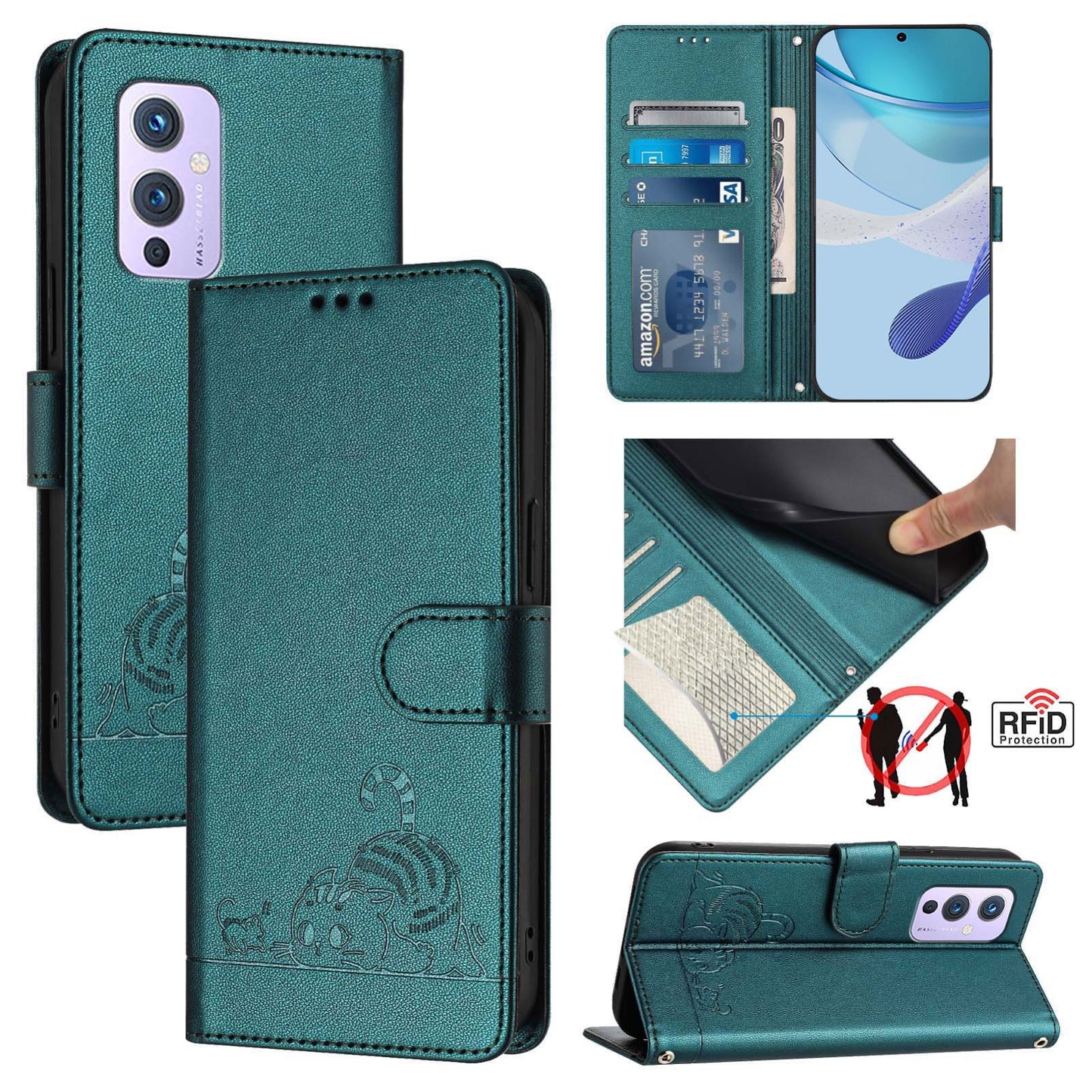 OnePlus 9 Leather Phone Case with Cat and Rat Embossed Pattern, RFID Protection, Card Holder Slots, Anti-fall Feature & Lanyard