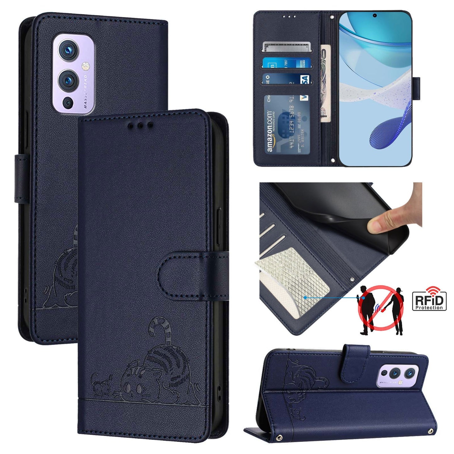 OnePlus 9 Leather Phone Case with Cat and Rat Embossed Pattern, RFID Protection, Card Holder Slots, Anti-fall Feature & Lanyard