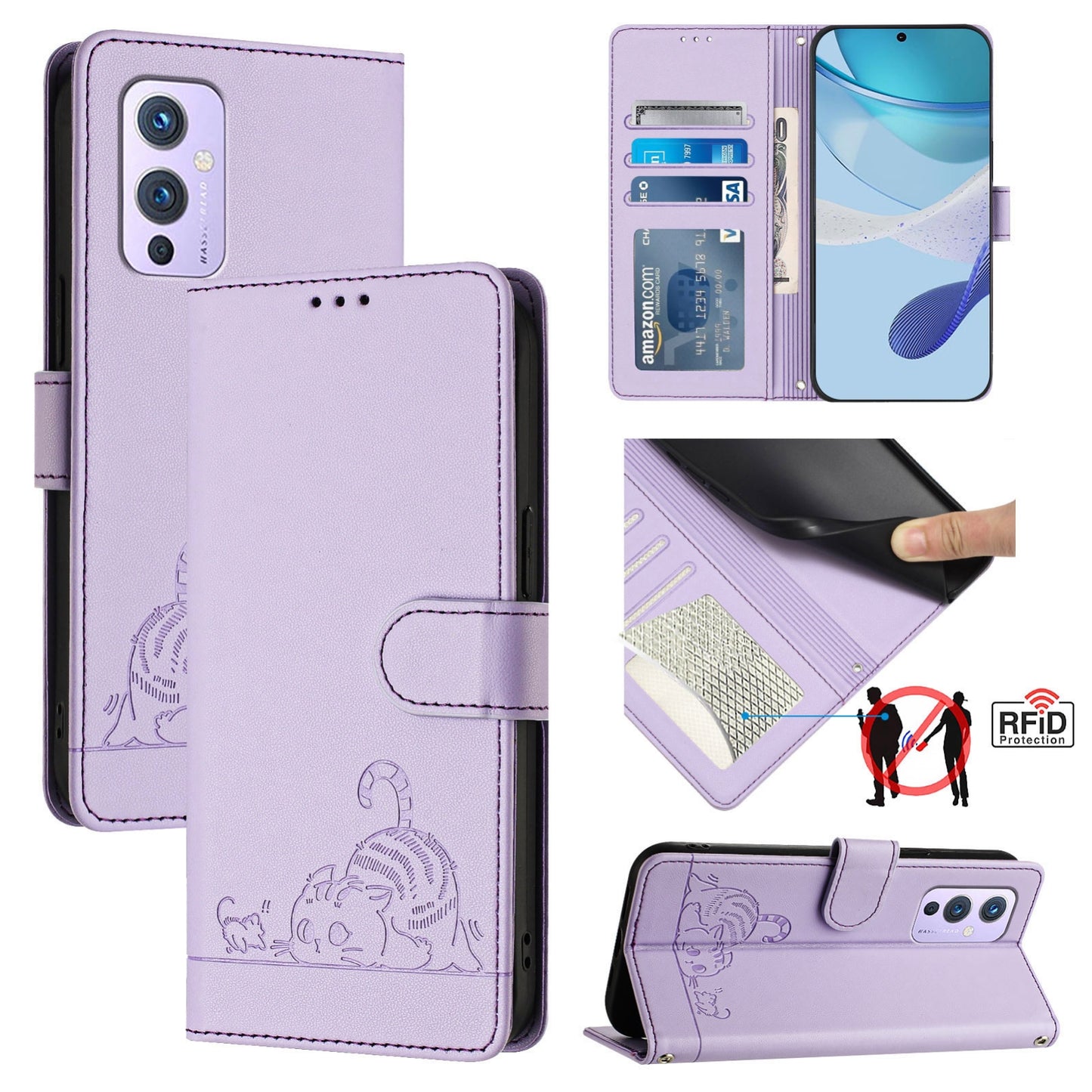 OnePlus 9 Leather Phone Case with Cat and Rat Embossed Pattern, RFID Protection, Card Holder Slots, Anti-fall Feature & Lanyard