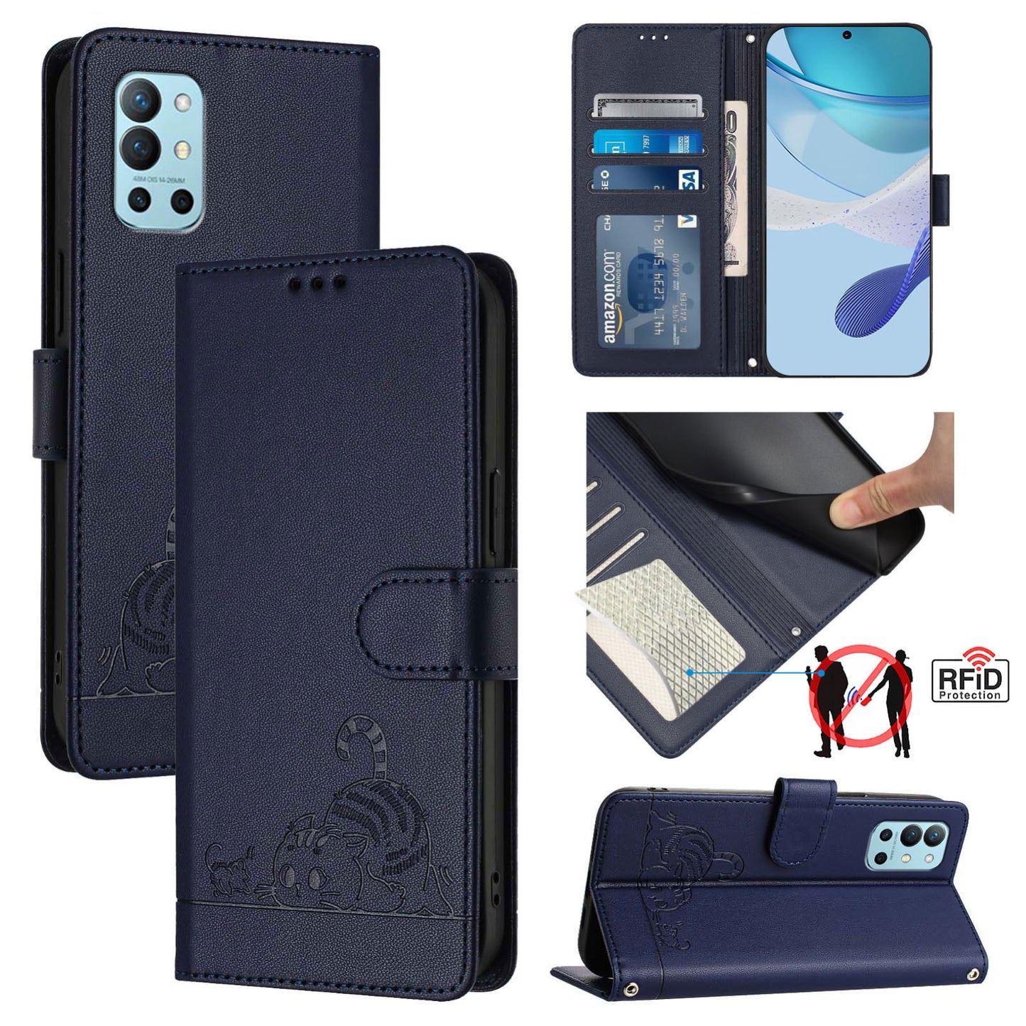 OnePlus 8T Leather Phone Case with Cat and Rat Embossed Pattern, RFID Protection, Card Holder Slots, Anti-fall Feature & Lanyard