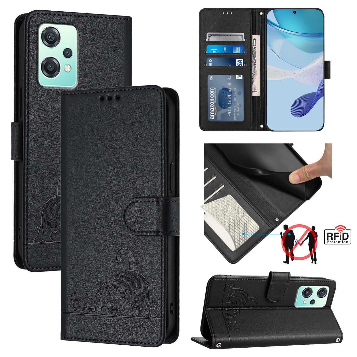 OnePlus Nord 2 Lite Leather Phone Case with Cat and Rat Embossed Pattern, RFID Protection, Card Holder Slots, Anti-fall Feature & Lanyard