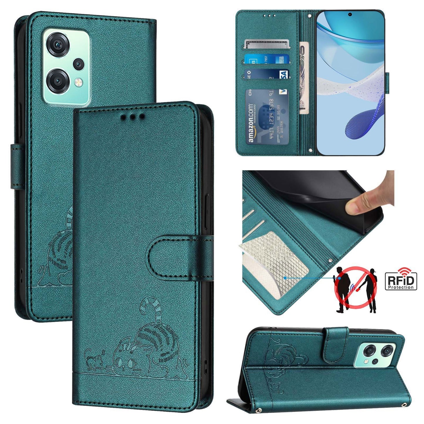 OnePlus Nord 2 Lite Leather Phone Case with Cat and Rat Embossed Pattern, RFID Protection, Card Holder Slots, Anti-fall Feature & Lanyard