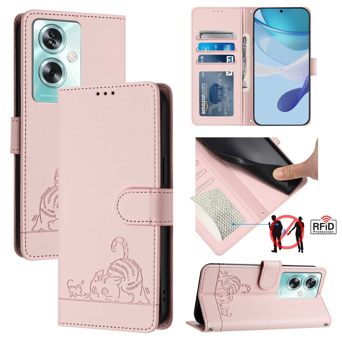 OnePlus Nord N30 SE 5G Leather Phone Case with Cat and Rat Embossed Pattern, RFID Protection, Card Holder Slots, Anti-fall Feature & Lanyard