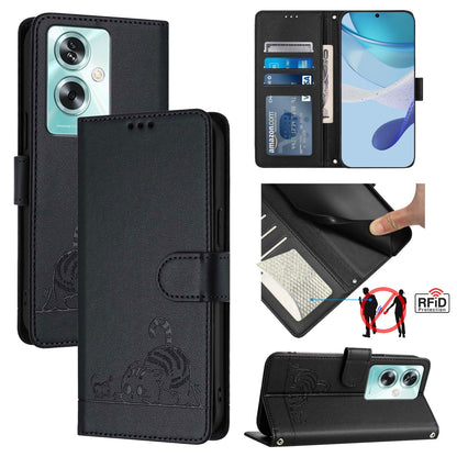 OnePlus Nord N30 SE 5G Leather Phone Case with Cat and Rat Embossed Pattern, RFID Protection, Card Holder Slots, Anti-fall Feature & Lanyard