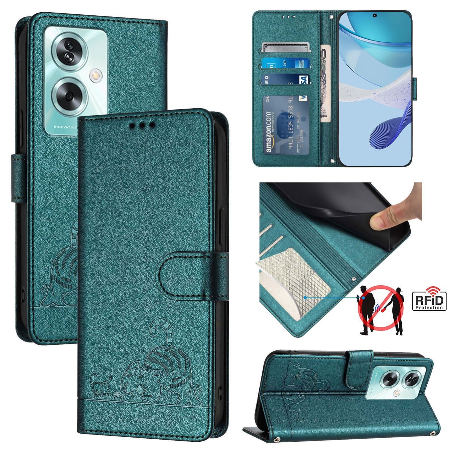 OnePlus Nord N30 SE 5G Leather Phone Case with Cat and Rat Embossed Pattern, RFID Protection, Card Holder Slots, Anti-fall Feature & Lanyard