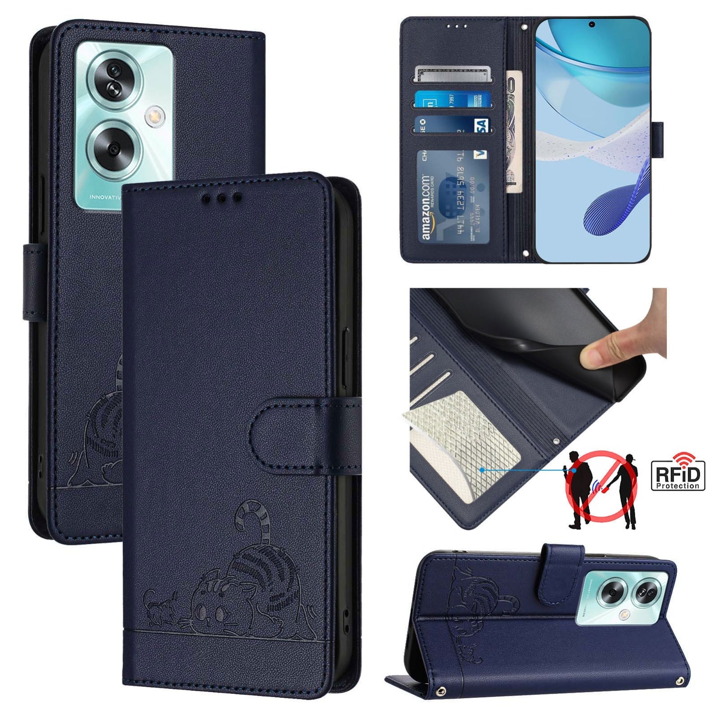 OnePlus Nord N30 SE 5G Leather Phone Case with Cat and Rat Embossed Pattern, RFID Protection, Card Holder Slots, Anti-fall Feature & Lanyard
