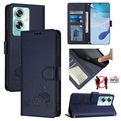 OnePlus Nord N30 SE 5G Leather Phone Case with Cat and Rat Embossed Pattern, RFID Protection, Card Holder Slots, Anti-fall Feature & Lanyard