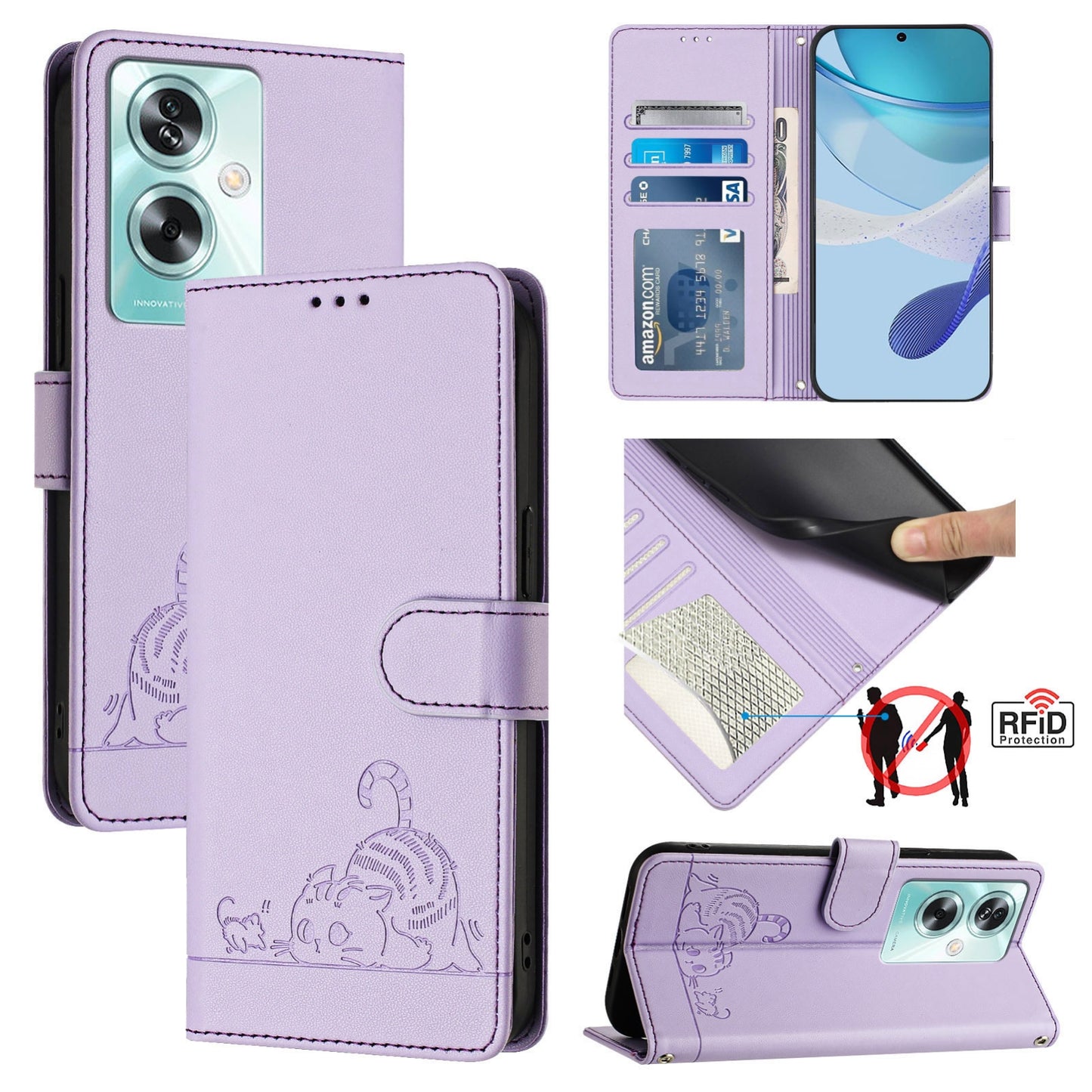 OnePlus Nord N30 SE 5G Leather Phone Case with Cat and Rat Embossed Pattern, RFID Protection, Card Holder Slots, Anti-fall Feature & Lanyard