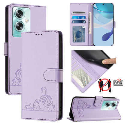 OnePlus Nord N30 SE 5G Leather Phone Case with Cat and Rat Embossed Pattern, RFID Protection, Card Holder Slots, Anti-fall Feature & Lanyard