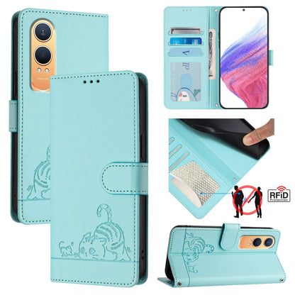 OnePlus Nord CE4 Lite Leather Phone Case with Cat and Rat Embossed Pattern, RFID Protection, Card Holder Slots, Anti-fall Feature & Lanyard