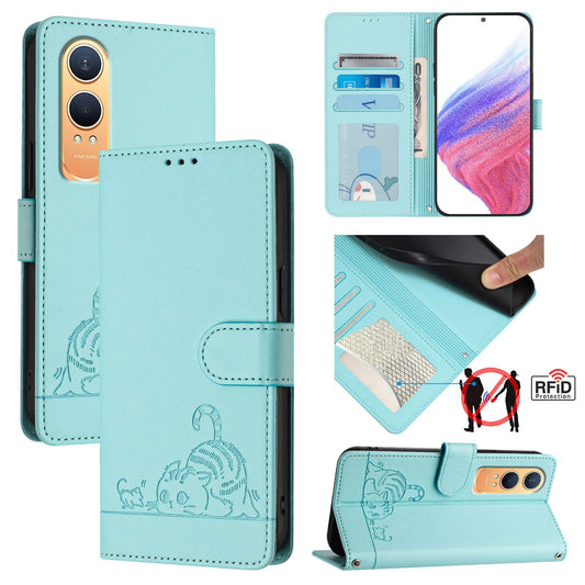 OnePlus Nord CE4 Lite Leather Phone Case with Cat and Rat Embossed Pattern, RFID Protection, Card Holder Slots, Anti-fall Feature & Lanyard