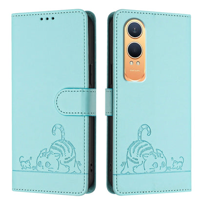 OnePlus Nord CE4 Lite Leather Phone Case with Cat and Rat Embossed Pattern, RFID Protection, Card Holder Slots, Anti-fall Feature & Lanyard