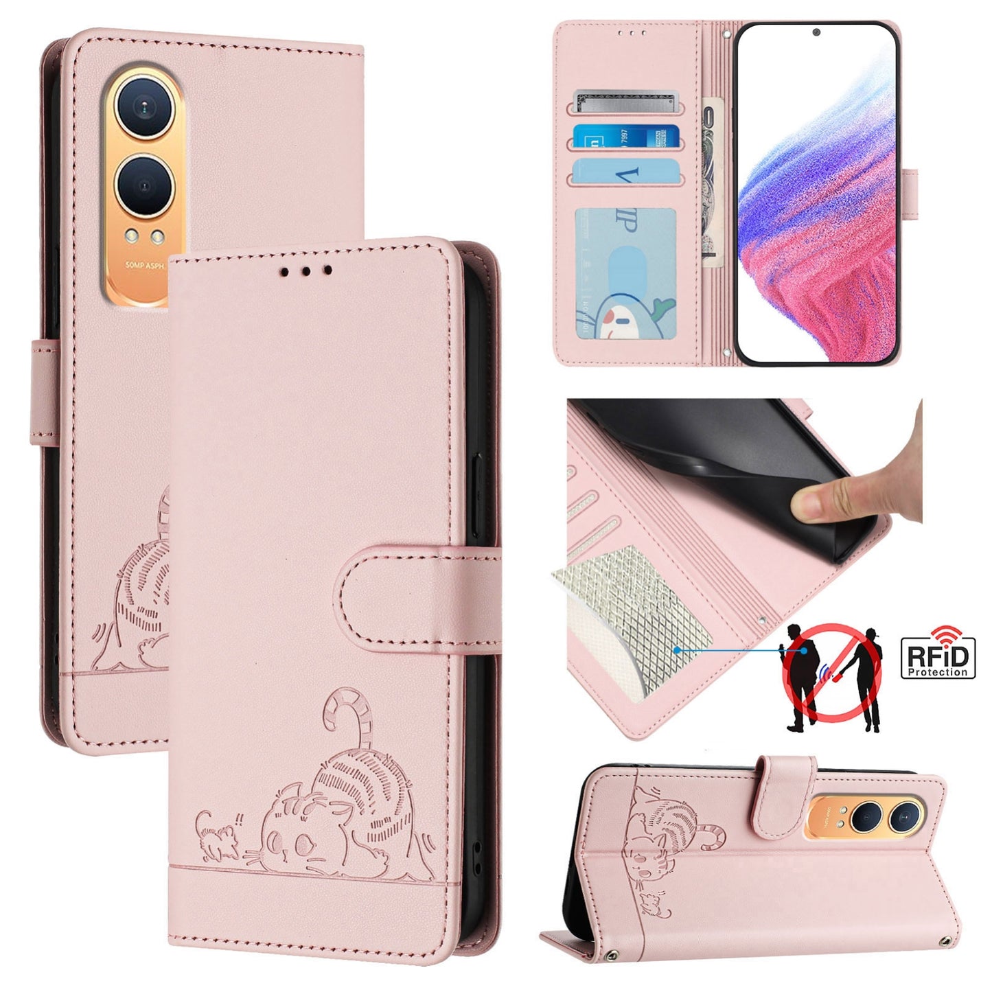 OnePlus Nord CE4 Lite Leather Phone Case with Cat and Rat Embossed Pattern, RFID Protection, Card Holder Slots, Anti-fall Feature & Lanyard