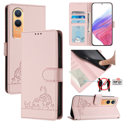 OnePlus Nord CE4 Lite Leather Phone Case with Cat and Rat Embossed Pattern, RFID Protection, Card Holder Slots, Anti-fall Feature & Lanyard