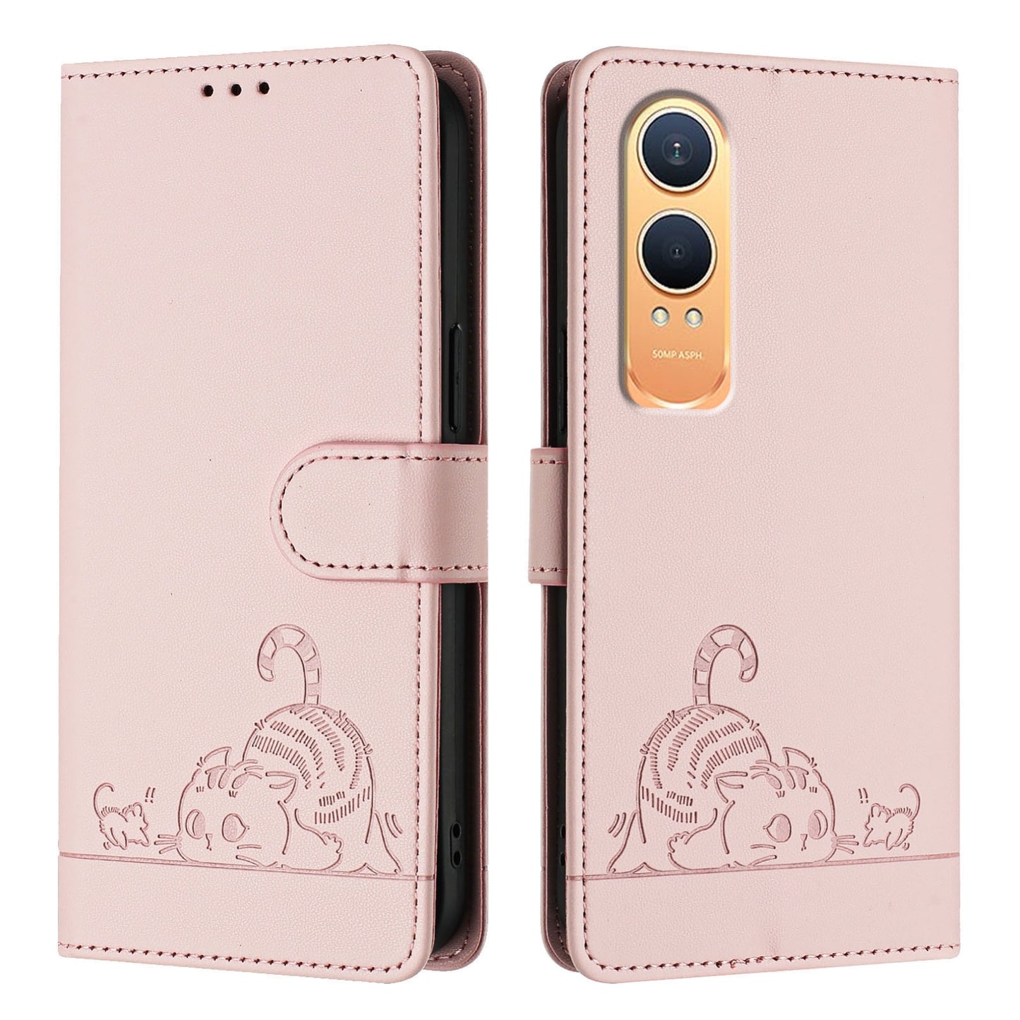 OnePlus Nord CE4 Lite Leather Phone Case with Cat and Rat Embossed Pattern, RFID Protection, Card Holder Slots, Anti-fall Feature & Lanyard